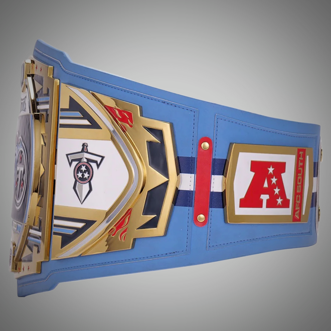 This image showcases the front view of the Tennessee Titans Championship NFL Legacy Replica Title Belt, crafted in adult size. It's a premium collectible for Titans fans, representing the team's championship legacy.