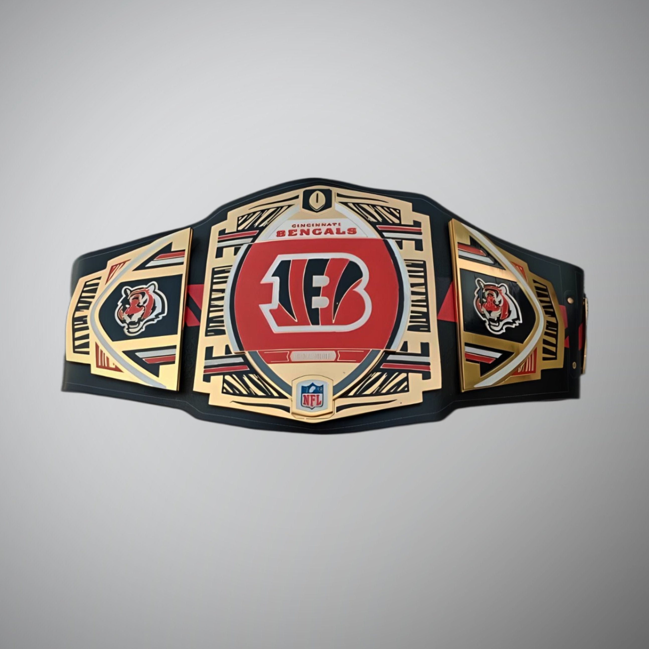 This image showcases the front view of the Cincinnati Bengals NFL Legacy Championship Belt, highlighting its design and quality craftsman