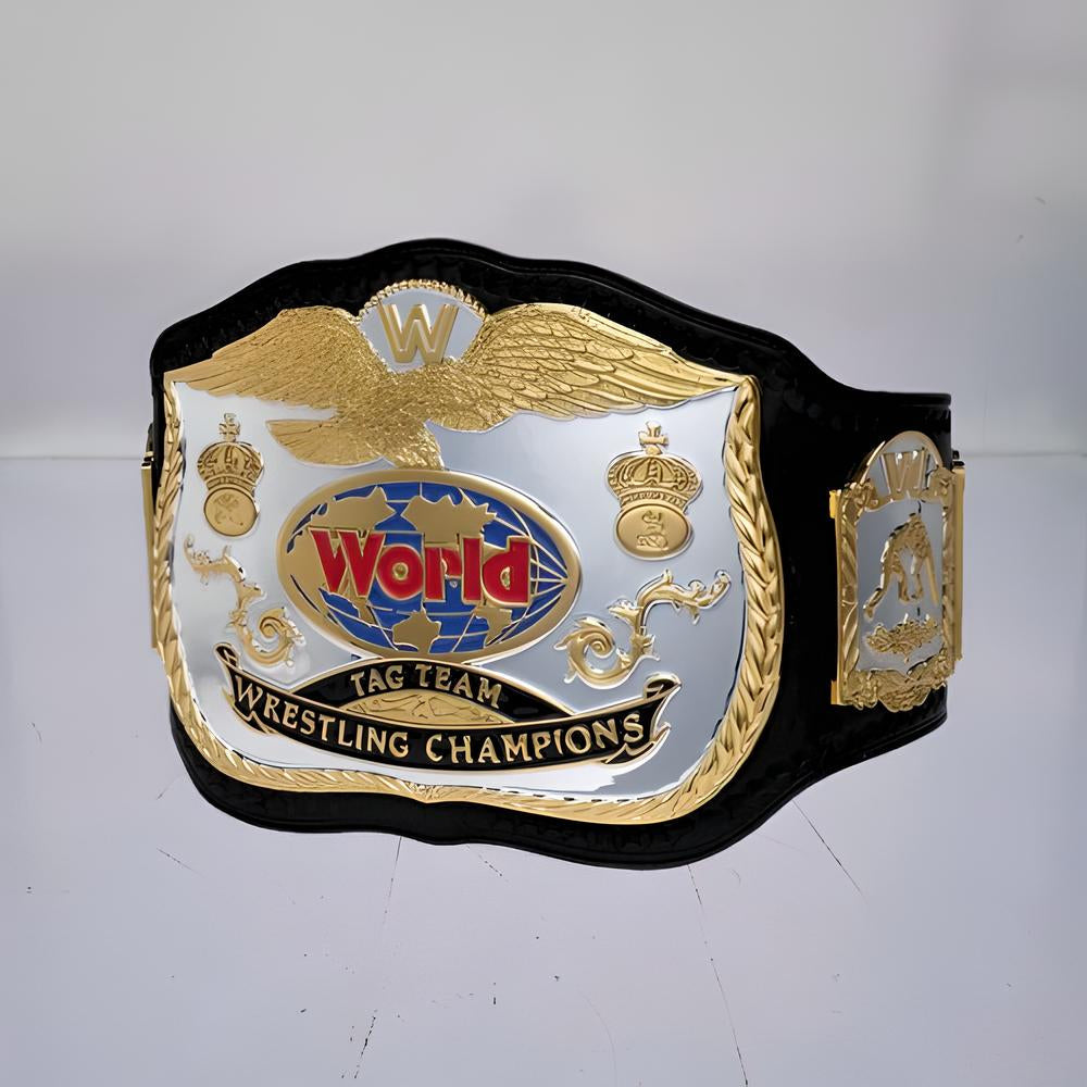 WWE World Tag Team Championship Belt – Classic Edition with gold plates and a globe centerpiece.