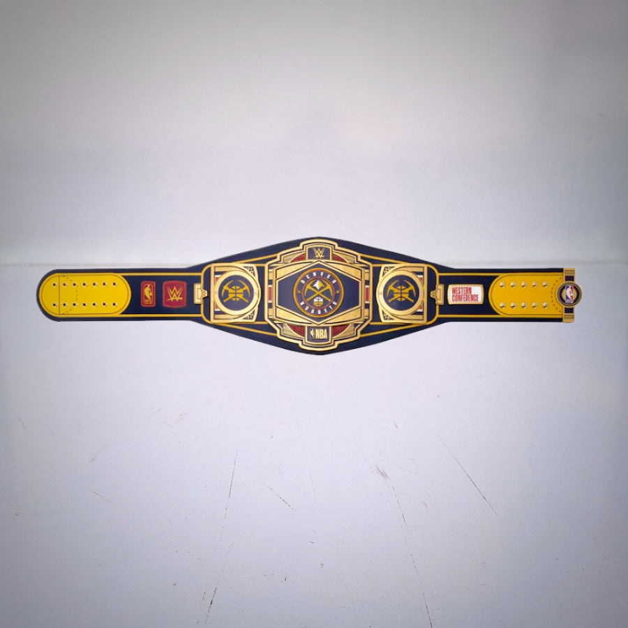 Detailed view of the Denver Nuggets WWE NBA Legacy Championship Belt.