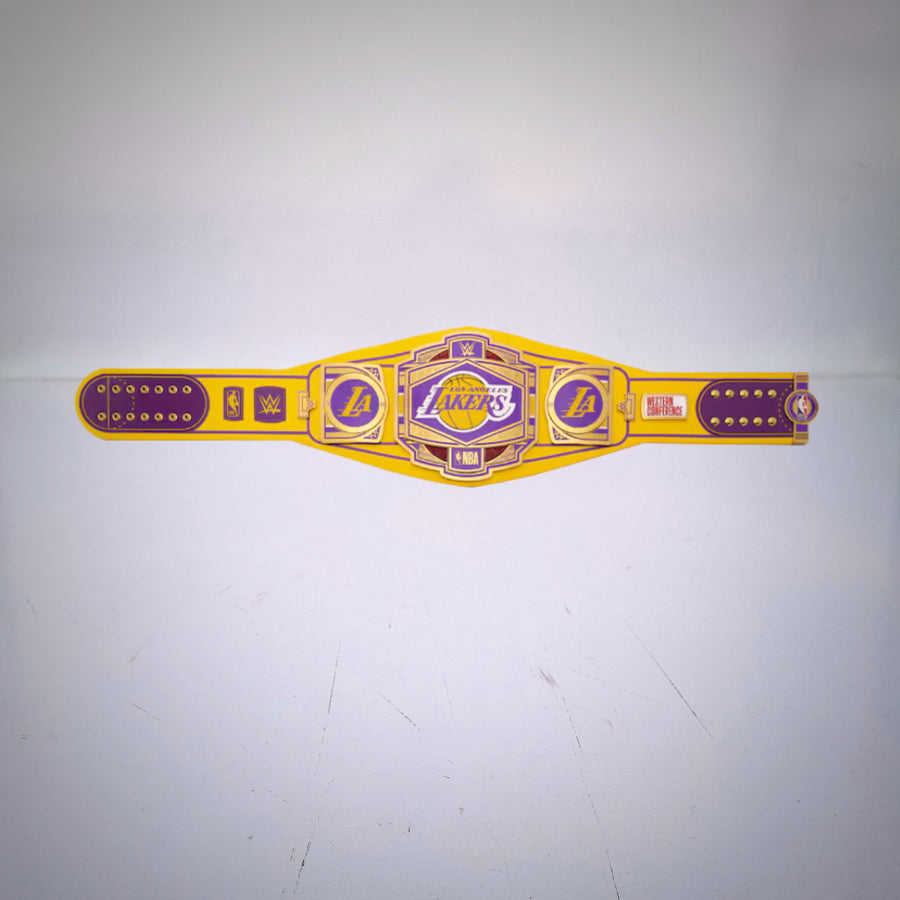 Detailed view of the Los Angeles Lakers WWE NBA Legacy Championship Belt.