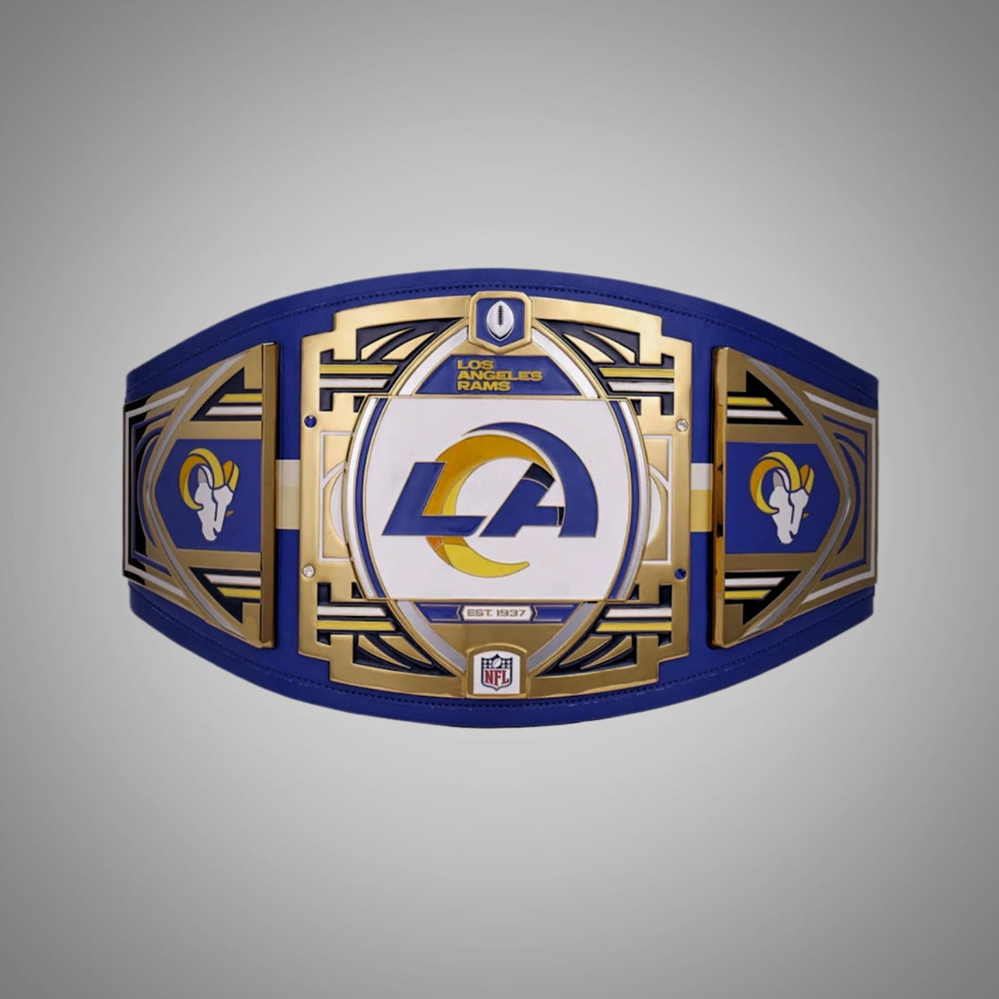 This image showcases the front view of the Los Angeles Rams NFL Legacy Championship Title Belt, crafted in adult size. A perfect accessory for Rams fans and collectors, capturing the essence of the team's legacy.