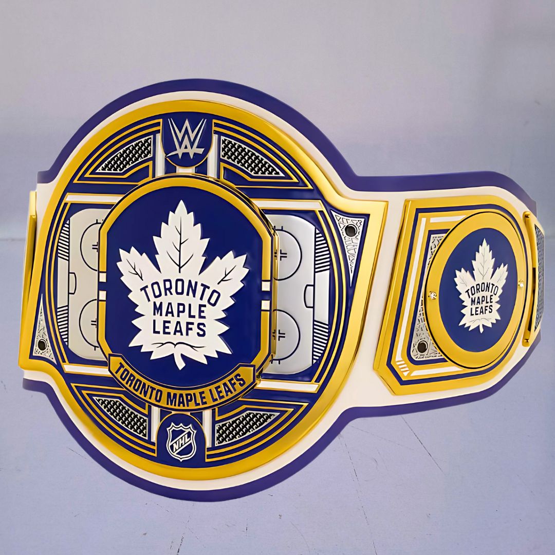 Close-up of the Toronto Maple Leafs WWE Championship Belt, showcasing blue and white accents.