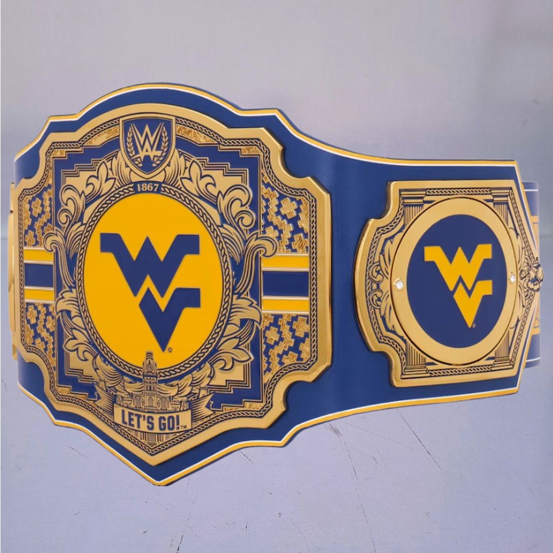 Exclusive West Virginia Mountaineers wrestling belt combining WWE and legacy elements.