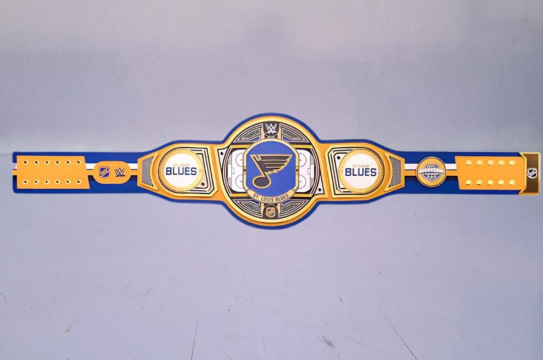 Detailed view of the St. Louis Blues WWE Championship Belt, featuring embossed logos and a polished finish.