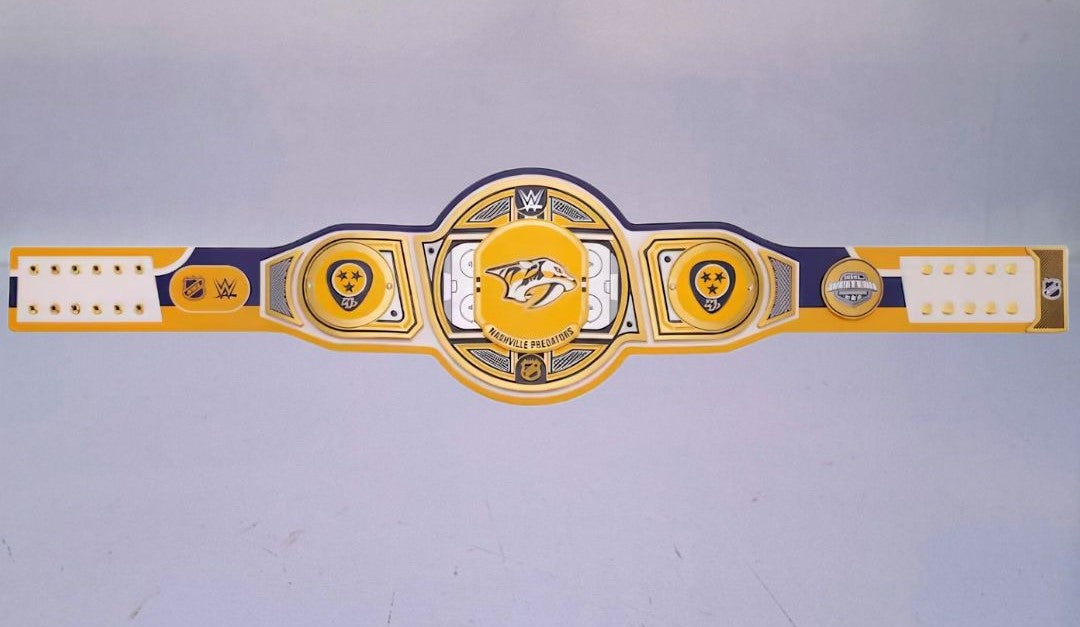Nashville Predators NHL Legacy Championship Title belt displayed prominently, symbolizing team pride.