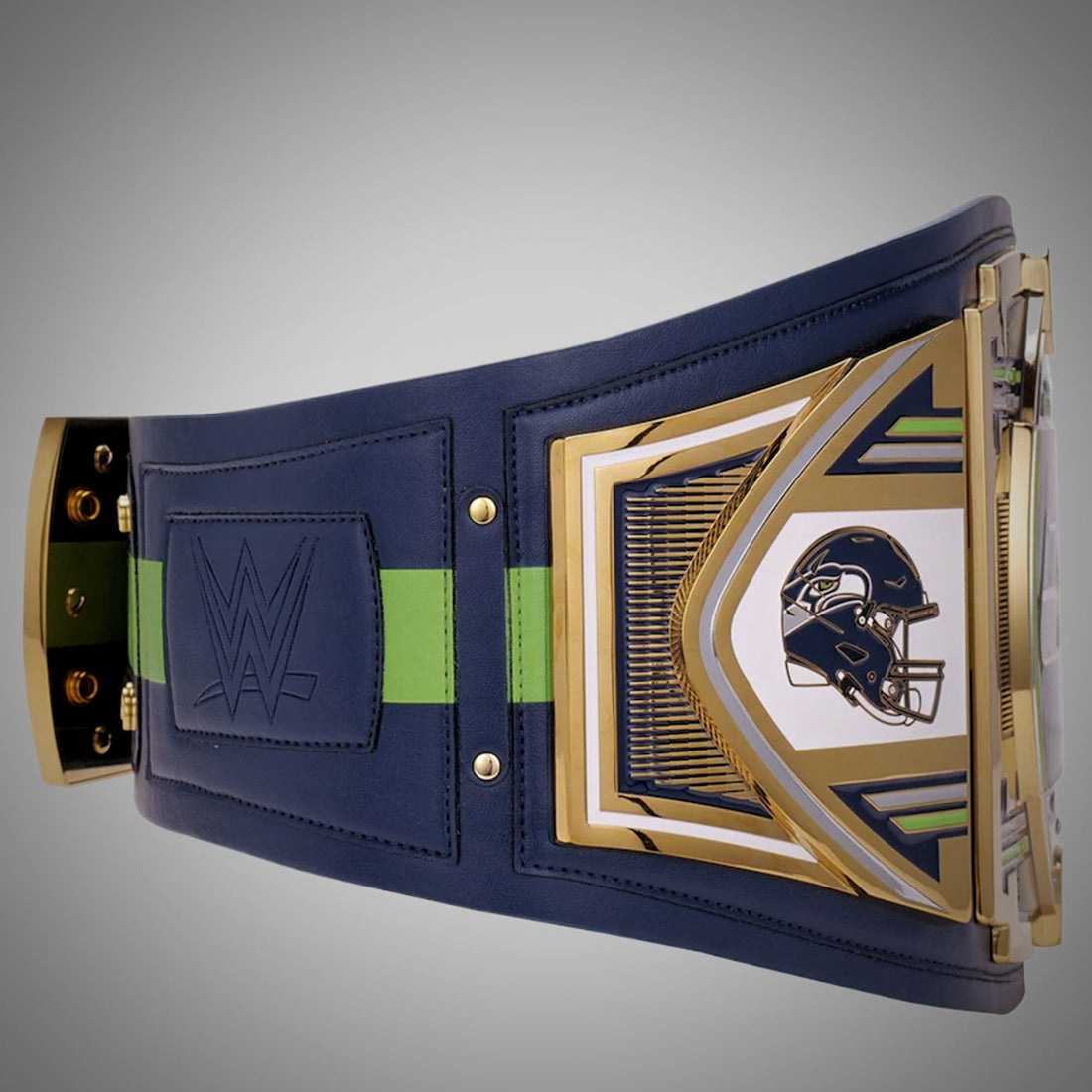 Seattle Seahawks Championship Belt featuring WWE and NFL Legacy Title design.