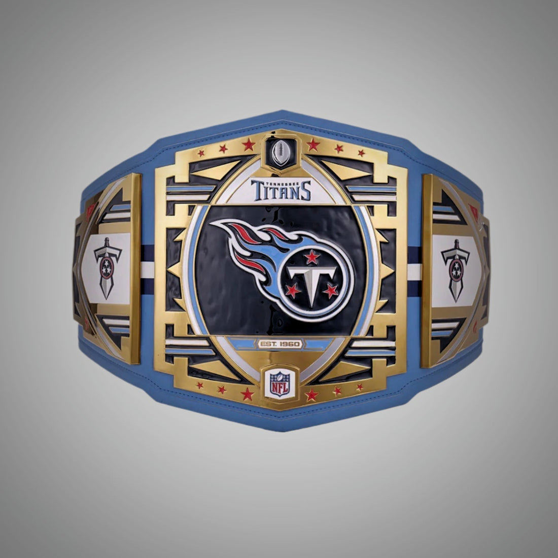 This image showcases the front view of the Tennessee Titans Championship NFL Legacy Replica Title Belt, crafted in adult size. It's a premium collectible for Titans fans, representing the team's championship legacy.