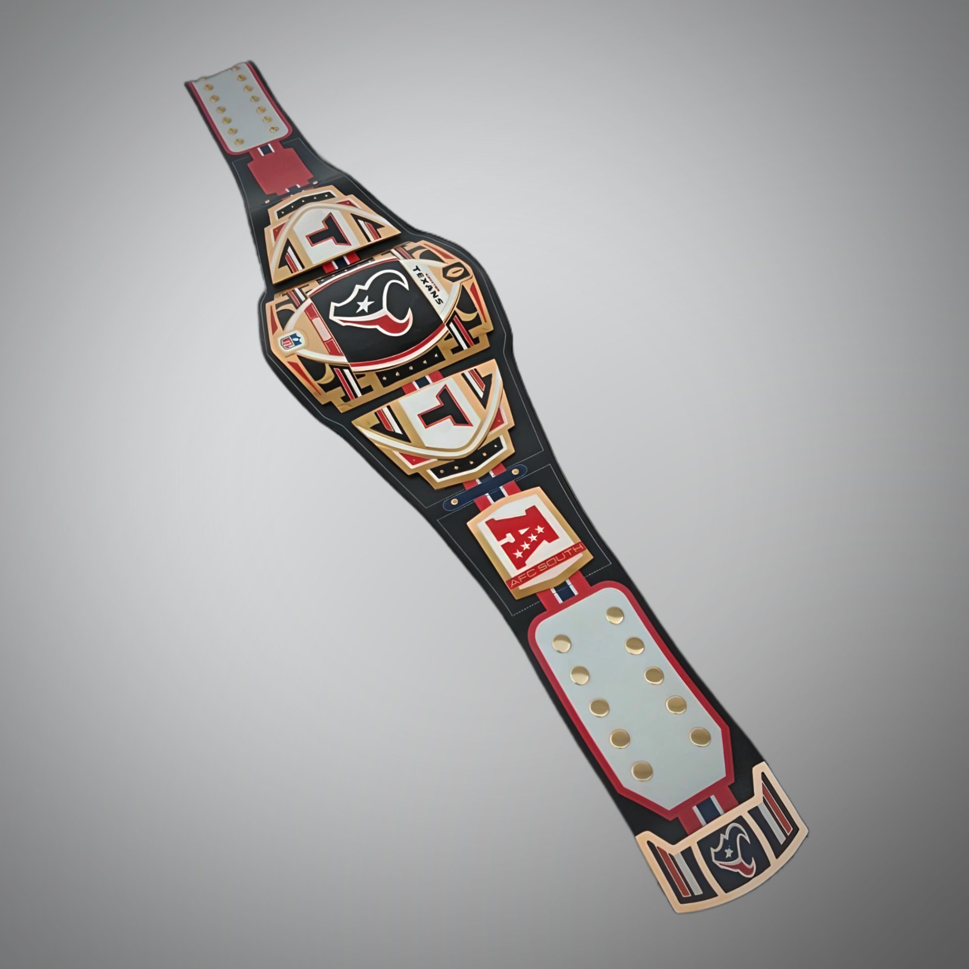 Official Houston Texans championship belt merging WWE and NFL heritage.