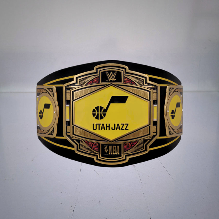 Utah Jazz WWE NBA Legacy Belt featuring black and yellow design.