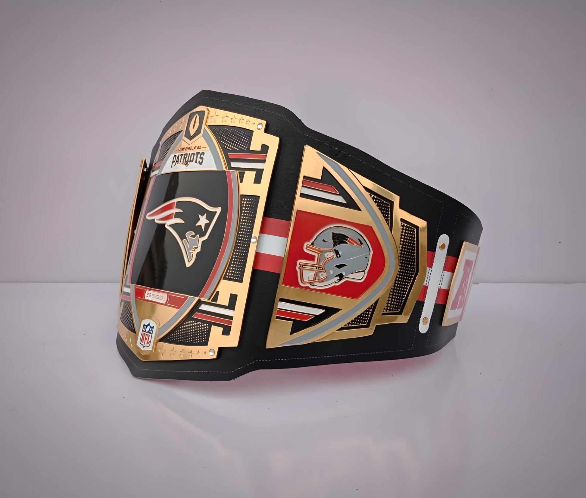 New England Patriots WWE-style championship belt showcasing legacy branding.